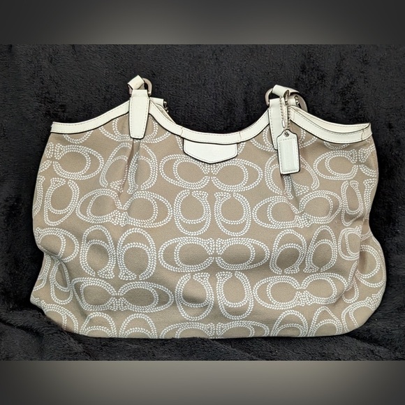 Coach Handbags - Coach Beige & White Signature Canvas Shoulder Bag